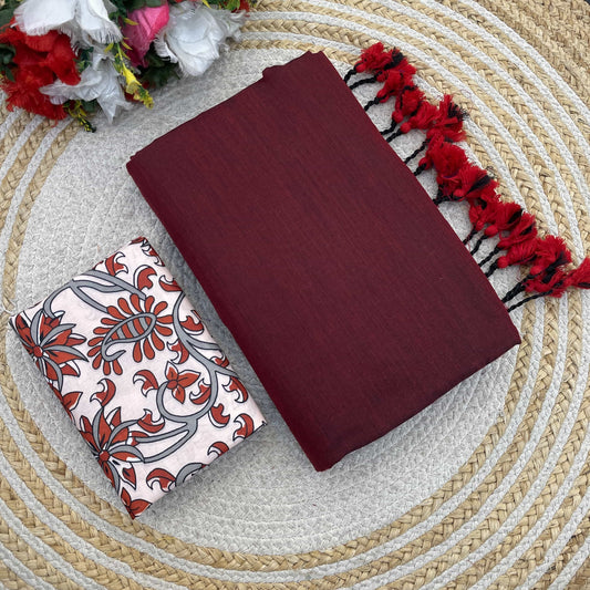 Plain Khadi Cotton Saree with Digital Print Blouse – Elegant & Comfortable Wear