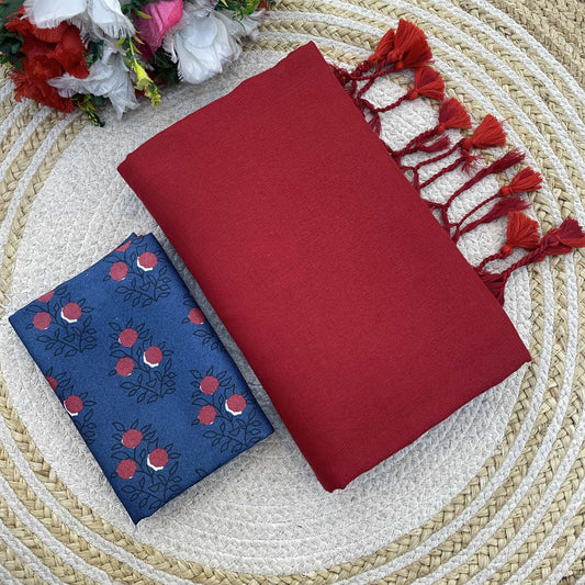 Plain Khadi Cotton Saree with Digital Print Blouse – Elegant & Comfortable Wear