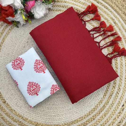 Plain Khadi Cotton Saree with Digital Print Blouse – Elegant & Comfortable Wear