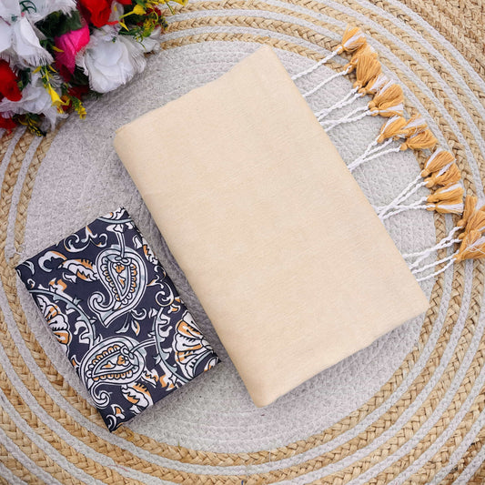 Plain Khadi Cotton Saree with Digital Print Blouse – Elegant & Comfortable Wear