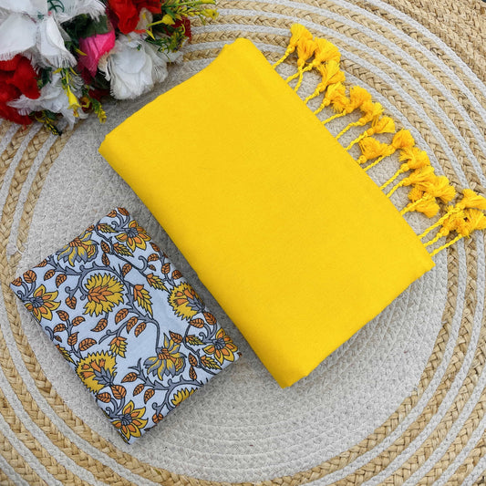 Plain Khadi Cotton Saree with Digital Print Blouse – Elegant & Comfortable Wear