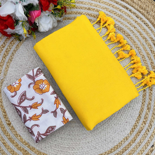 Plain Khadi Cotton Saree with Digital Print Blouse – Elegant & Comfortable Wear