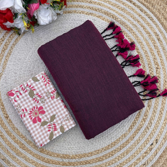 Plain Khadi Cotton Saree with Digital Print Blouse – Elegant & Comfortable Wear