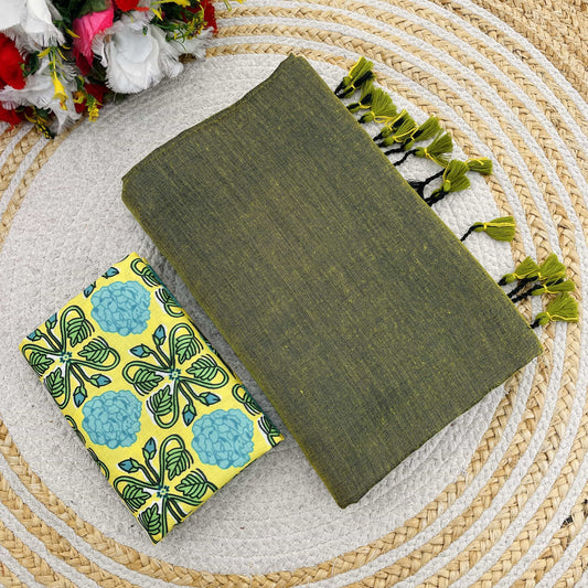 Plain Khadi Cotton Saree with Digital Print Blouse – Elegant & Comfortable Wear