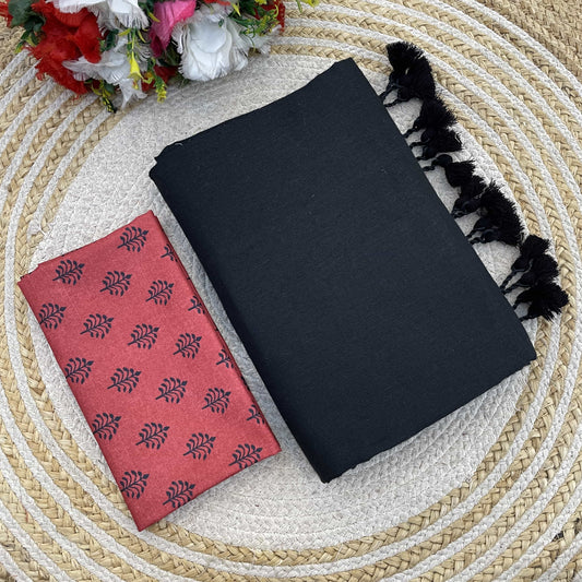 Plain Khadi Cotton Saree with Digital Print Blouse – Elegant & Comfortable Wear