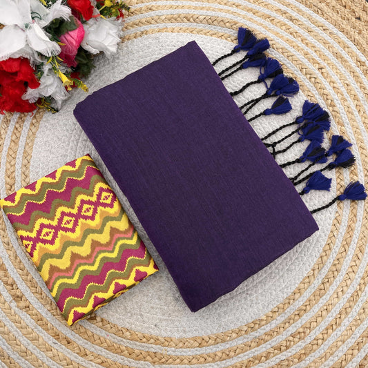 Plain Khadi Cotton Saree with Digital Print Blouse – Elegant & Comfortable Wear