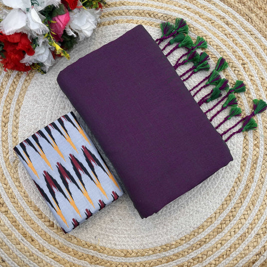 Plain Khadi Cotton Saree with Digital Print Blouse – Elegant & Comfortable Wear