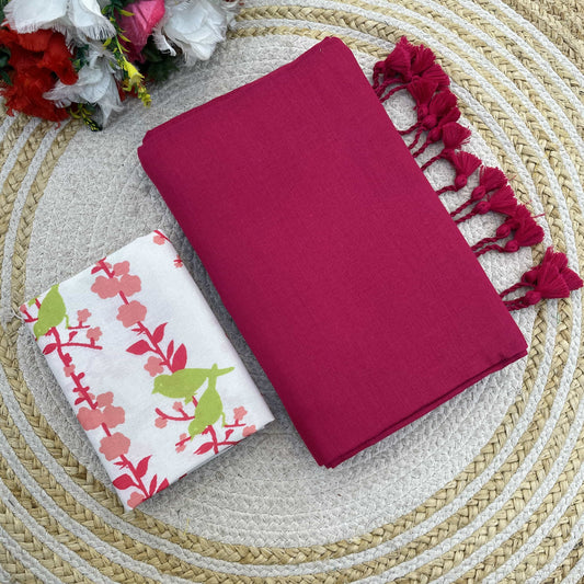 Plain Khadi Cotton Saree with Digital Print Blouse – Elegant & Comfortable Wear