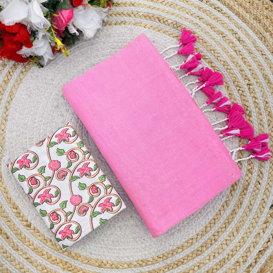 Plain Khadi Cotton Saree with Digital Print Blouse – Elegant & Comfortable Wear