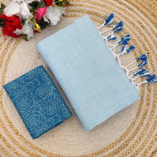 Plain Khadi Cotton Saree with Digital Print Blouse – Elegant & Comfortable Wear