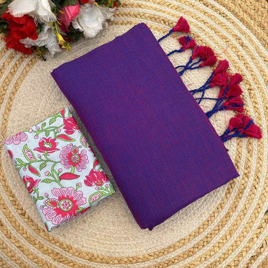 Plain Khadi Cotton Saree with Digital Print Blouse – Elegant & Comfortable Wear