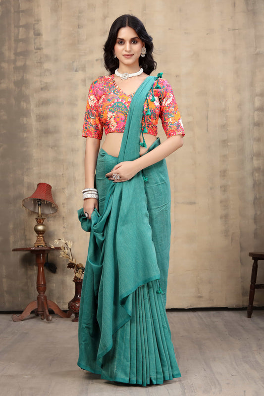 Plain Khadi Cotton Saree with Digital Print Blouse – Elegant & Comfortable Wear