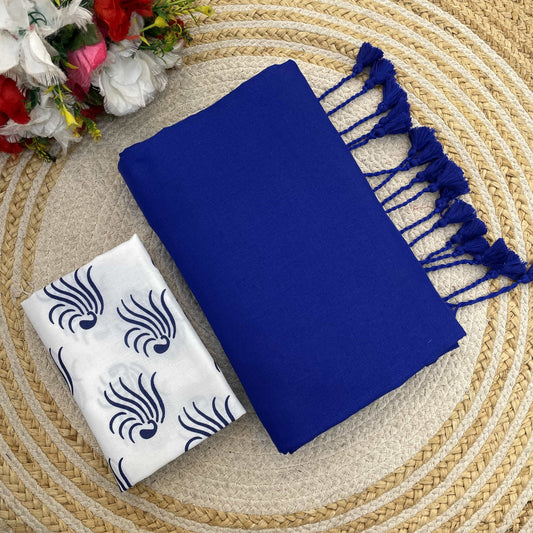 Plain Khadi Cotton Saree with Digital Print Blouse – Elegant & Comfortable Wear