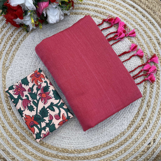 Plain Khadi Cotton Saree with Digital Print Blouse – Elegant & Comfortable Wear